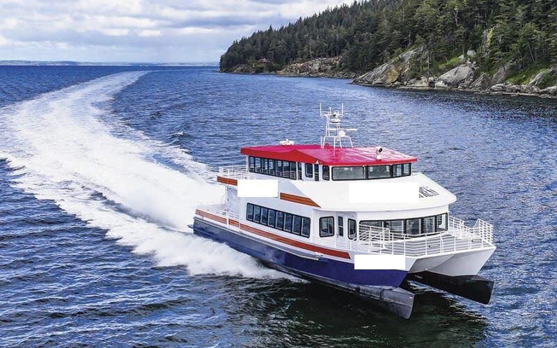 Aluminum catamaran passenger boat aerial view